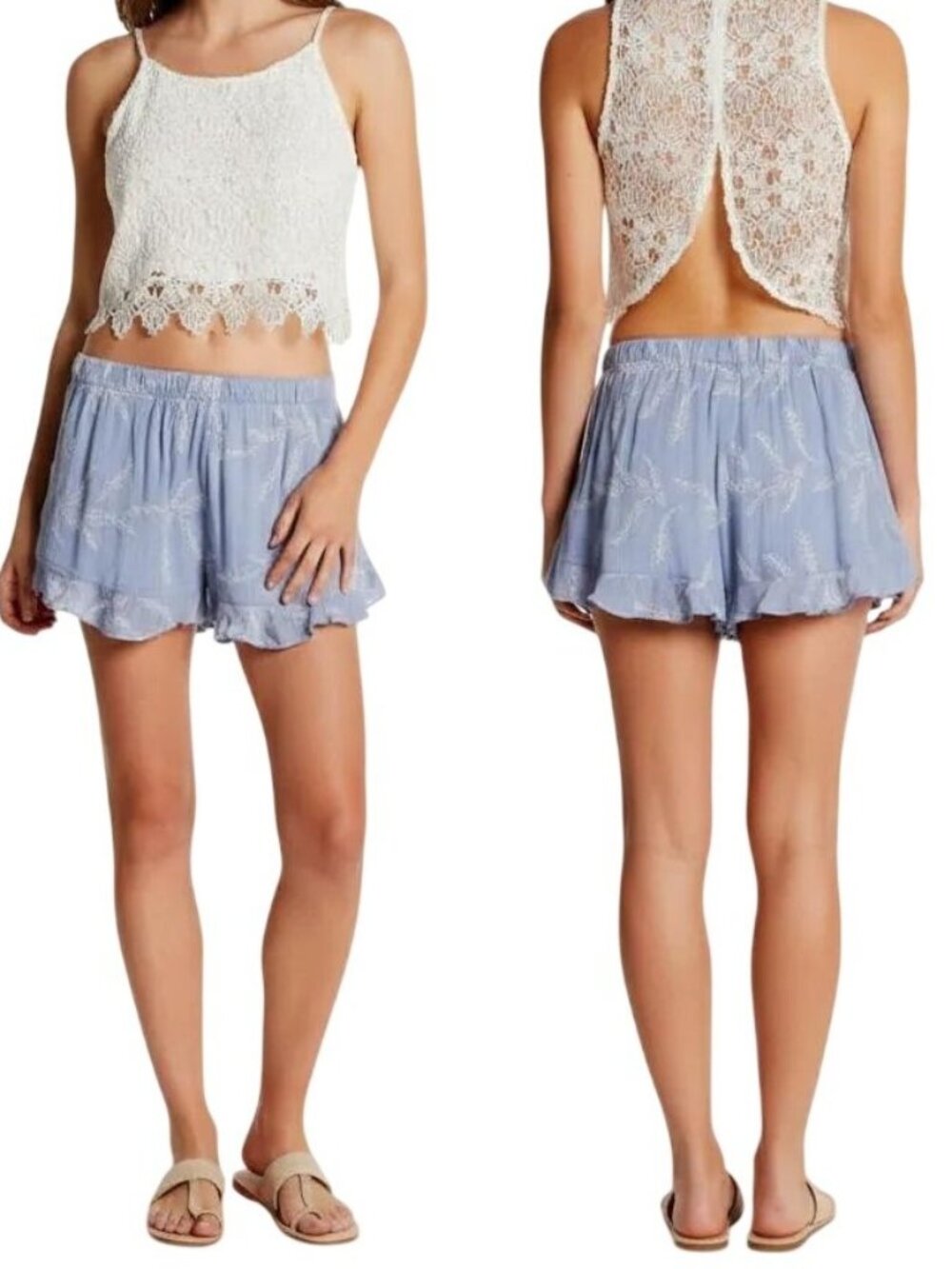 Sadie‎ & Sage Women's Embroidered Ruffle Hem Shorts Sky/White Size Large, NWT
